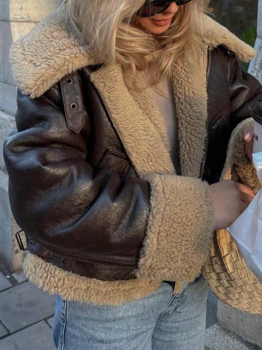 Coffee Brown Casual Women's Short Warm Double-Sided Motorcycle Jacket